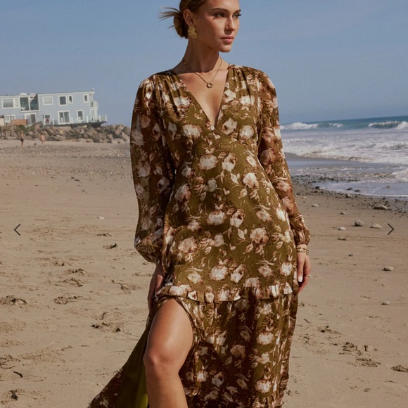 Bohme Floral Long Sleeve Dress - Olive and Cream - Picture 1 of 1